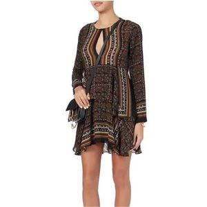 A.L.C. Vicki Scarf Print 100% Silk Asymmetrical Long Sleeve Boho Mini Dress Sz 0